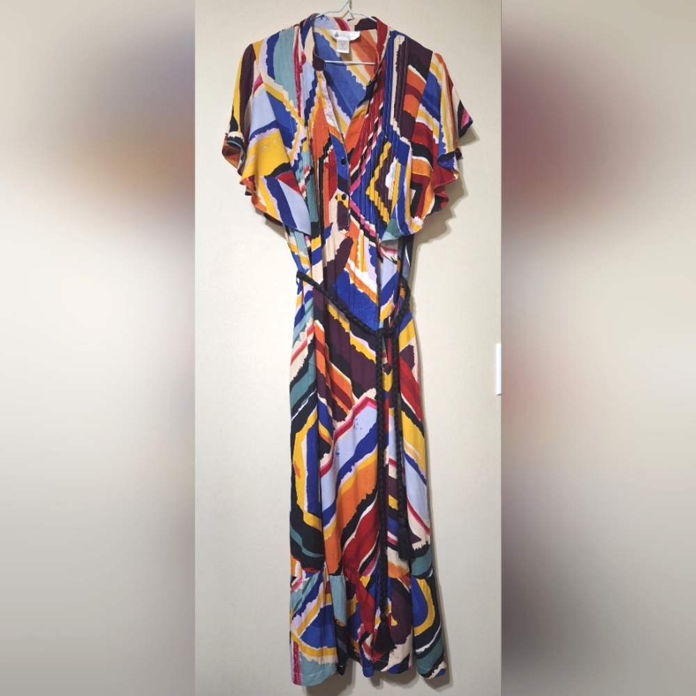 Pink Pineapple Abstract Rayon Flutter Sleeve Maxi Dress with Pockets Small Boho - Picture 2 of 9